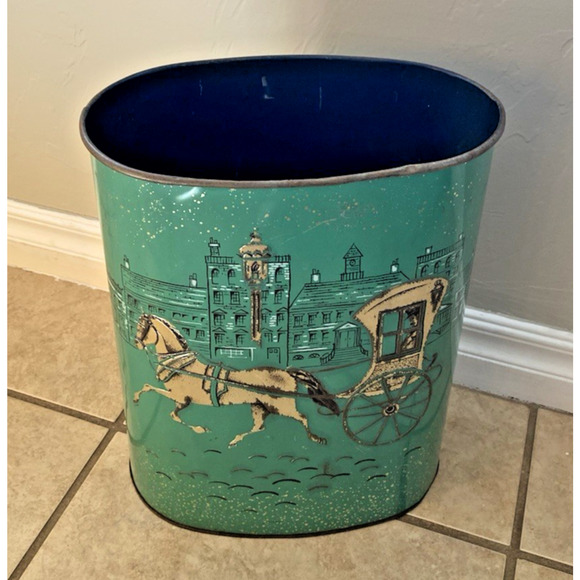 Harvell Metal Trash Can Vintage MCM Horse & Carriage Buggy Green Victorian - Picture 2 of 13